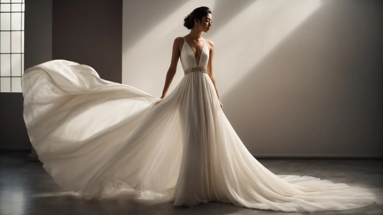 a woman gracefully models an elegant gown, showcasing its flow and design against a minimalist background.