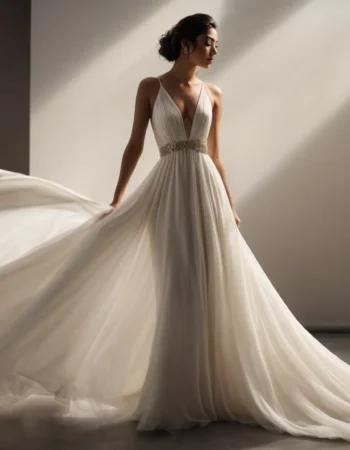 a woman gracefully models an elegant gown, showcasing its flow and design against a minimalist background.